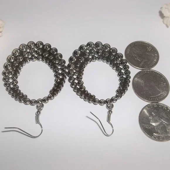 Earrings Hoops Edgy Hematite Dark Grey and Silver Rhinestone Drop Dangle A495 - Picture 5 of 5